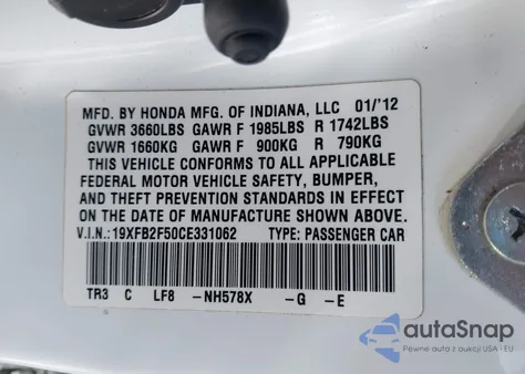 2012 Honda Civic Lx z USA, uszkodzony, nr VIN 19XFB2F50CE331062